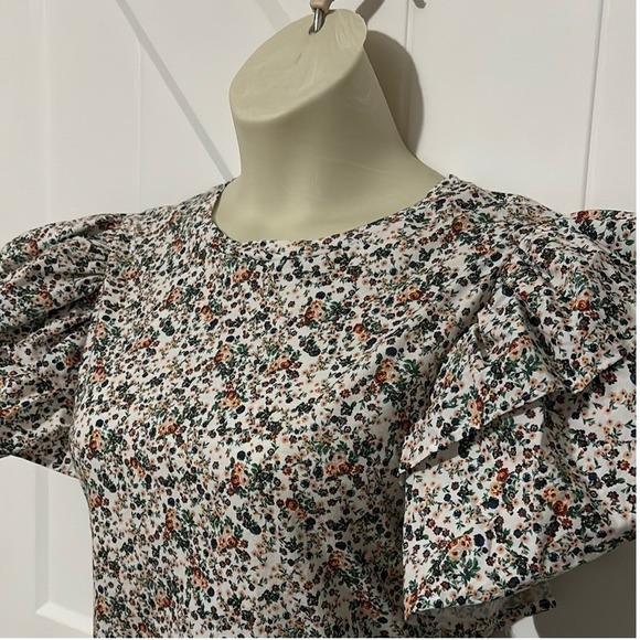 ZARA Floral Print Ruffle Sleeve T-Shirt Top Women Size L - Picture 5 of 9